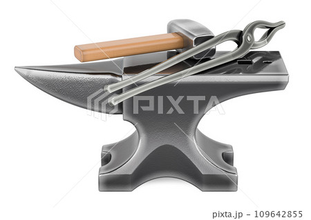 Cast Iron Anvil with Forging Hammer and Blacksmith Tongs, 3D rendering Cast Iron Anvil with Forging Hammer and Blacksmith Tongs, 3D rendering 109642855