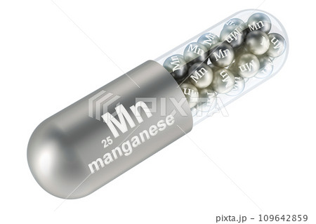Capsule with manganese Mn element, 3D rendering Capsule with manganese Mn element, 3D rendering 109642859