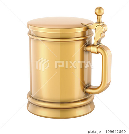 Golden beer mug with cap, 3D rendering Golden beer mug with cap, 3D rendering 109642860