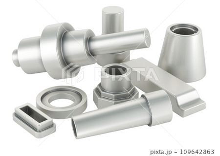 Cast or forged steel, aluminum parts. 3D rendering Cast or forged steel, aluminum parts. 3D rendering 109642863