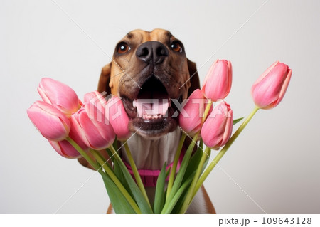 A cheerful dog with a bouquet of tulips A cheerful dog with a bouquet of tulips 109643128