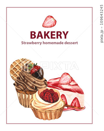 Sweet dessert group, whipped cream with strawberry in chocolate and cookie, berry cheesecake and tart with strawberry. Watercolor hand-drawn illustration isolated on white background. Sweet dessert group, whipped cream with strawberry in chocolate and cookie, berry cheesecake and tart with strawberry. Watercolor hand-drawn illustration isolated on white background. 109643245
