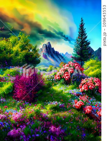 高山の花園と山頂のイラスト 109643553