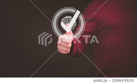 Male hand show thumb up with the sign of the top service quality assurance. Business concept of best quality product and service, ISO certification and standardization, guarantee and standard. 109643828