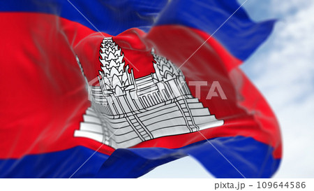 Close-up of Cambodia national flag waving on a clear day 109644586