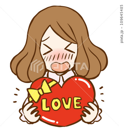 バレンタインチョコを渡して愛の告白をする若い女性のイラストの