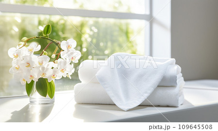 上品な部屋に置かれた真っ白なタオル「AI生成画像」 上品な部屋に置かれた真っ白なタオル「AI生成画像」 109645508