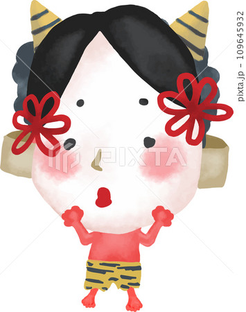 おたふくのお面をかぶった赤鬼の子 109645932