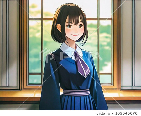 学校の廊下に立つ制服姿の女子高生 109646070