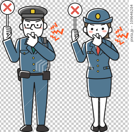 警笛を鳴らして注意喚起する男性警察官と女性警察官 警笛を鳴らして注意喚起する男性警察官と女性警察官 109646284