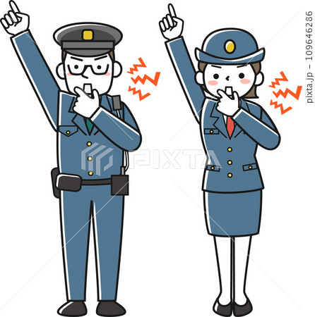 警笛を鳴らして注意喚起する男性警察官と女性警察官 109646286