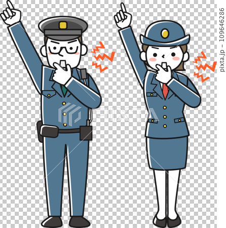 警笛を鳴らして注意喚起する男性警察官と女性警察官 109646286