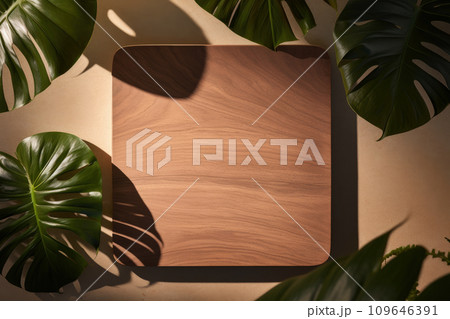 wooden mockup of tropical nature leaves on background leaves . Generative AI 109646391