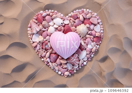 Heart shape composition of seashells on sand, flat lay. Generative AI 109646392