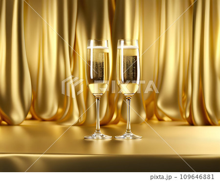 2 つのシャンパン グラスと金色の背景　AI生成 109646881