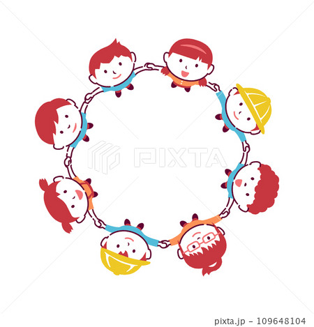 円形に手をつないで空を見上げる子供たちのイラスト / 線画ラフ（中央コピースペース) 109648104
