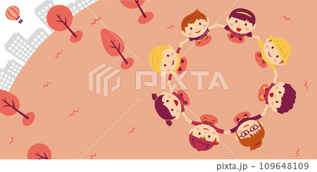 円形に手をつないで空を見上げる子供たちのバナーイラスト 109648109