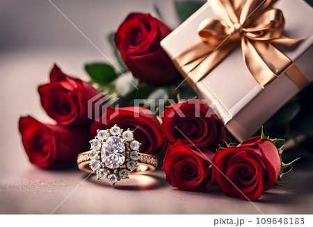 赤色のバラの花と金色の結婚指輪　AI生成 109648183