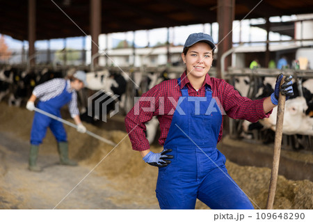 Young woman farmer posing while feeding cows at farm 109648290