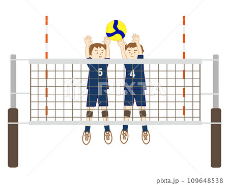バレーボールの試合で二人でブロックをする男の子達(全身) 109648538