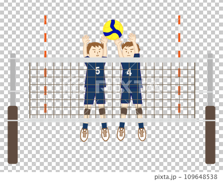 バレーボールの試合で二人でブロックをする男の子達(全身) 109648538
