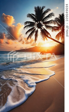 美しい海と美しい夕日の南国のビーチ　AI生成 109649694