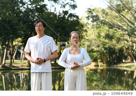 Peaceful middle age man and woman doing Tai Chi Chuan near lake at summer park. 109649849