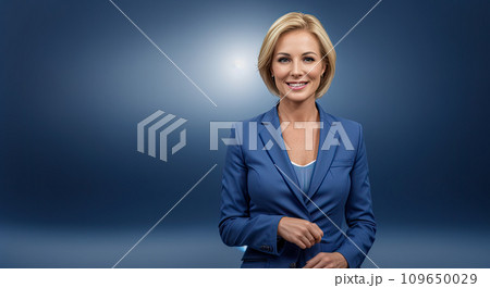 attractive middle aged woman on blue background. TV presenter in studio on popular channel. live stream broadcast on television. copy space. Generative AI attractive middle aged woman on blue background. TV presenter in studio on popular channel. live stream broadcast on television. copy space. Generative AI 109650029