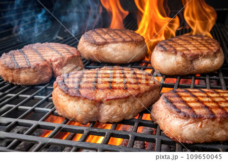 Juicy beef hamburger patties on barbecue grill. Barbecue Grill Pit With Glowing And Flaming Hot Charcoal 109650045