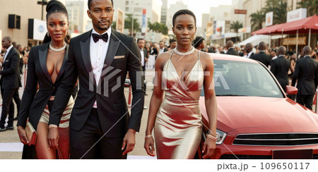 afro american celebrities near car. Hollywood star. Fashionable pair of elegant people at city street. Celebs 109650117