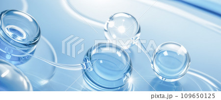 Hyaluronic acid molecules. Hydrated chemicals, molecular structure and blue spherical molecule. Microscope h2o water molecules, blue cosmetic advertising background 109650125