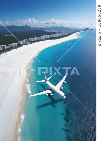 澄んだ空と美しい海が広がる南国の海の上を飛ぶ飛行機　AI生成 109650239