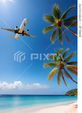 澄んだ空と美しい海が広がる南国の海の上を飛ぶ飛行機　AI生成 109650240