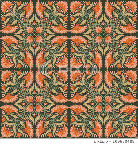 Vector decorative seamless pattern with flower arrangement in tile. Folk art tracery texture with flowers and stems with foliage Vector decorative seamless pattern with flower arrangement in tile. Folk art tracery texture with flowers and stems with foliage 109650489