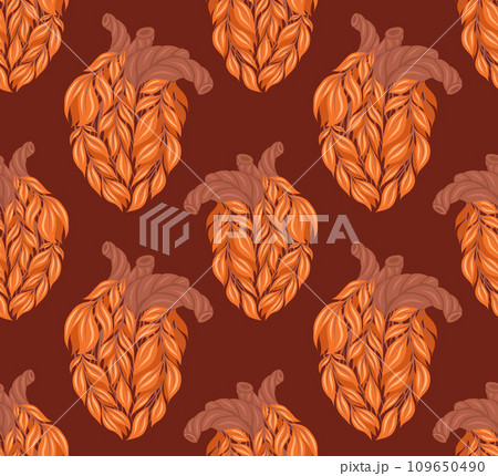 Vector seamless pattern with unhealthy human hearts made of leaves in row on dark background. Internal old organ transplantation 109650490