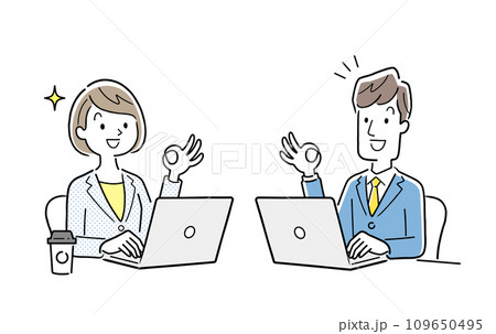 ベクターイラスト素材：パソコンで仕事をしながらOKサインを出す男性と女性 109650495