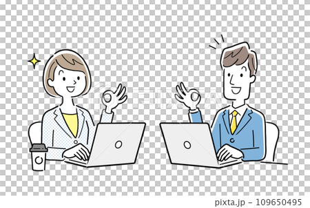 ベクターイラスト素材：パソコンで仕事をしながらOKサインを出す男性と女性 109650495