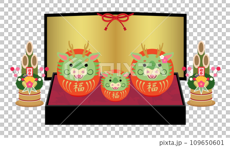 2024年 辰年 台座に乗った赤い辰だるまの家族と金屏風 2024年 辰年 台座に乗った赤い辰だるまの家族と金屏風 109650601