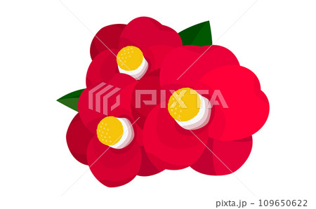 お正月・冬シーンにマッチした日本の花・椿の葉っぱ付き和風でシンプルなイラスト 109650622