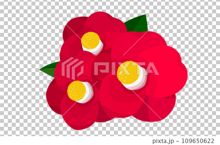 お正月・冬シーンにマッチした日本の花・椿の葉っぱ付き和風でシンプルなイラスト 109650622