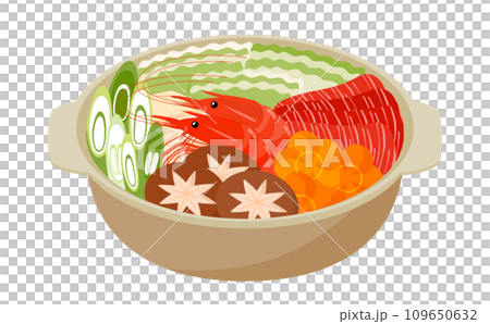 海老(えび)や野菜・お肉がたっぷりのかわいい土鍋に入った海鮮鍋の鍋料理ベクターイラスト素材 海老(えび)や野菜・お肉がたっぷりのかわいい土鍋に入った海鮮鍋の鍋料理ベクターイラスト素材 109650632