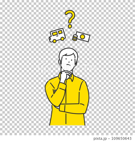 Illustration of a man considering buying a car 109650643