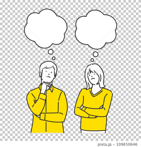 Speech bubble illustration of a man and a woman imagining their own troubles Speech bubble illustration of a man and a woman imagining their own troubles 109650646