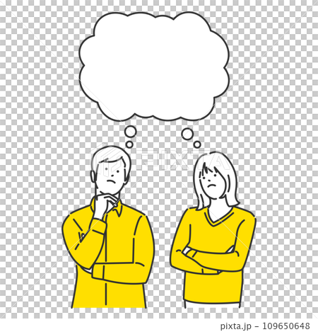 一緒に考えて検討している男女のイラスト 吹き出しつき 一緒に考えて検討している男女のイラスト 吹き出しつき 109650648