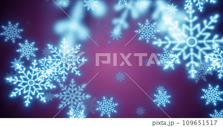 Christmas festive bright New Year background of blue glowing winter beautiful falling flying snowflakes patterns on purple background 109651517
