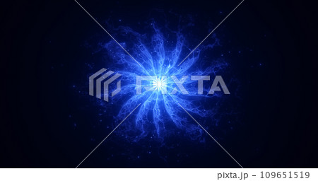 Abstract glowing blue futuristic energy dust with waves of magical energy particles on a dark blue background 109651519