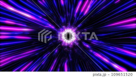 Beautiful abstract purple tunnel made of futuristic digital stripes and lines glowing with bright magic energy on a black space background. Abstract background 109651520