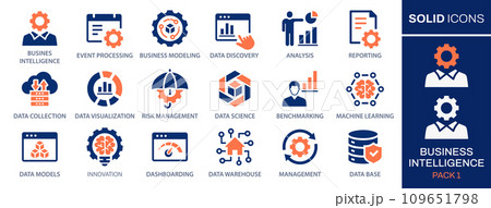 Set of business Intelligence icons, such as machine learning, data modeling, benchmark, risk management and more. Vector illustration. Easily changes to any color. 109651798