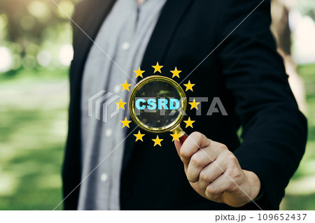 Corporate Sustainability Reporting Directive (CSRD) Concept. The European Union and financial reporting standards regarding sustainability disclosures. 109652437