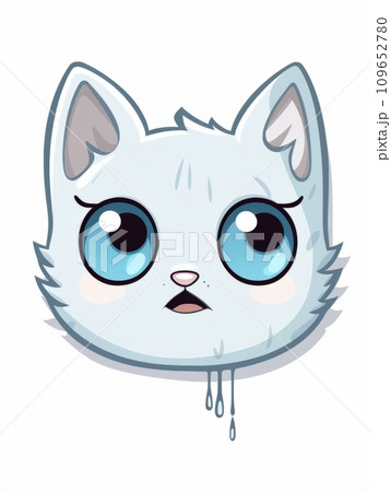 AI-generated content. Cartoon sticker white hungry kitten on white background isolated, AI 109652780